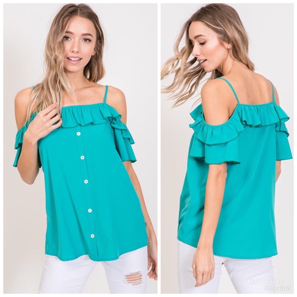 💕LAST 2! Teal Ruffled Woven Open Shoulder Blouse - Picture 5 of 8